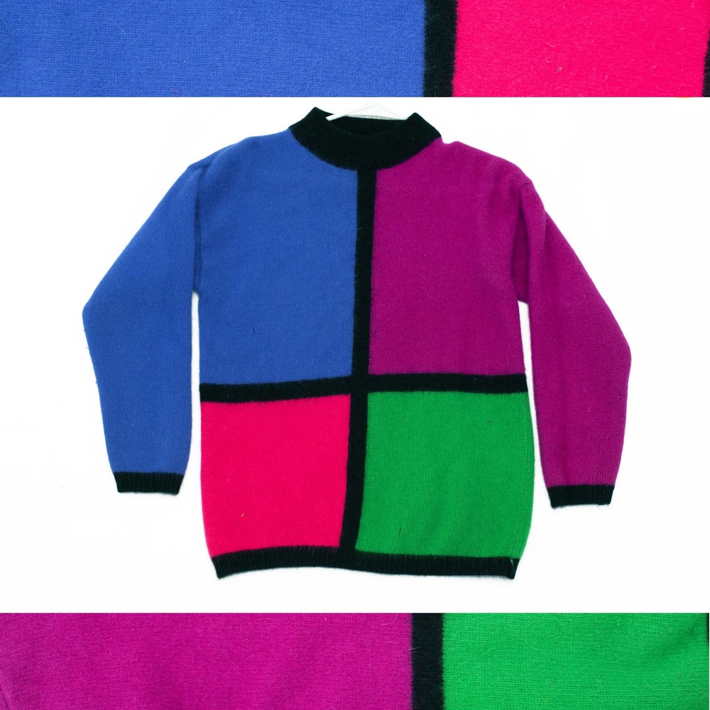80s Vintage Angora Rafaella Medium Neon Colorblock Sweater